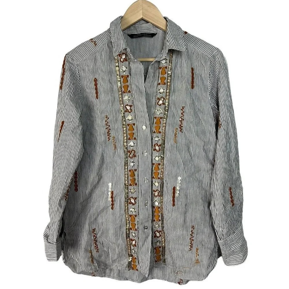 Zara Striped Embroidered Button Up Shirt Embellished Beaded Sequin Size XS Wm’s